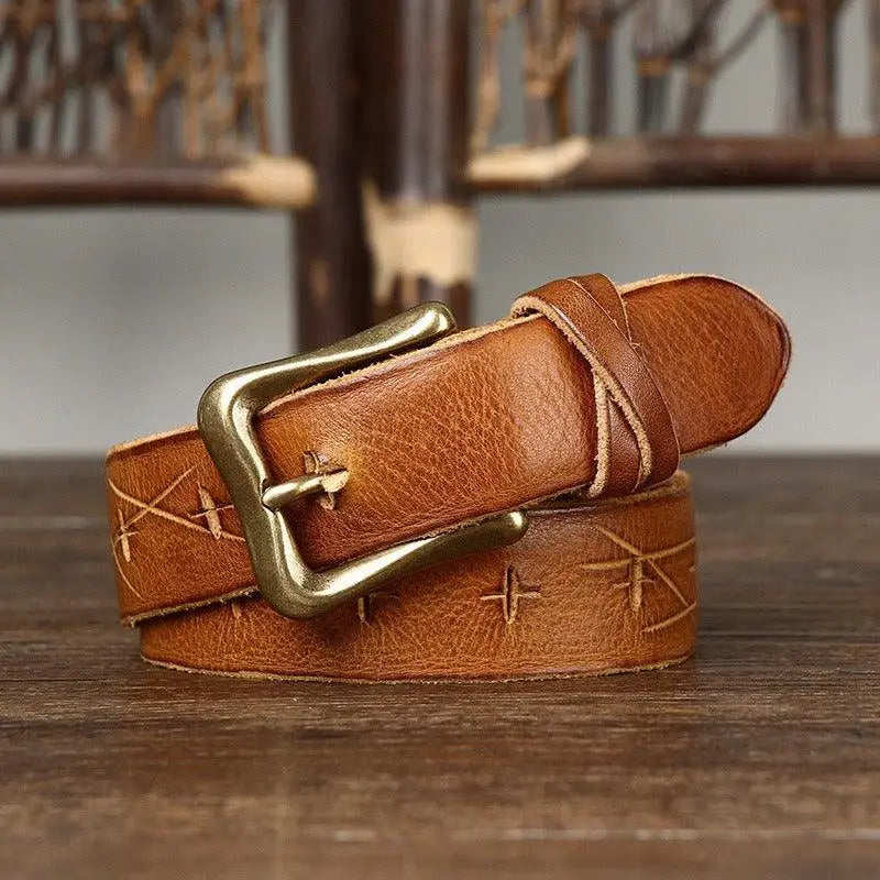 Brown leather belt with brass buckle displayed on Red Leather Belt with Brass Buckle product page