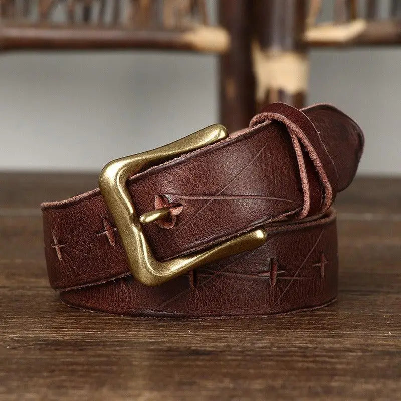Brown leather belt with brass buckle displayed on Red Leather Belt with Brass Buckle product