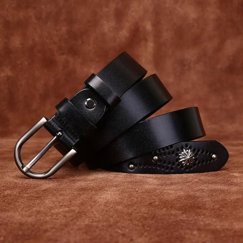 Black leather belt with decorative buckle offering stylish accessory options