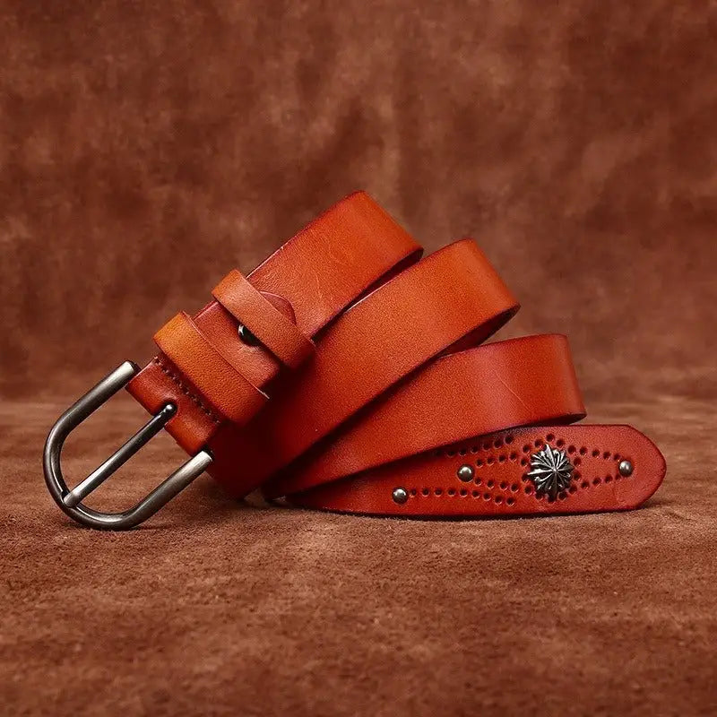 Orange leather belt with metal buckle and embellishments from Colorful Leather Belts collection