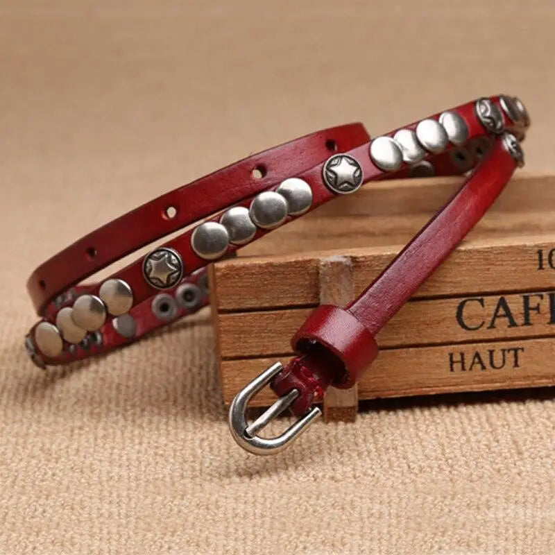 Red leather studded women’s leather belt from Alpui Women’s Leather Belt Collection