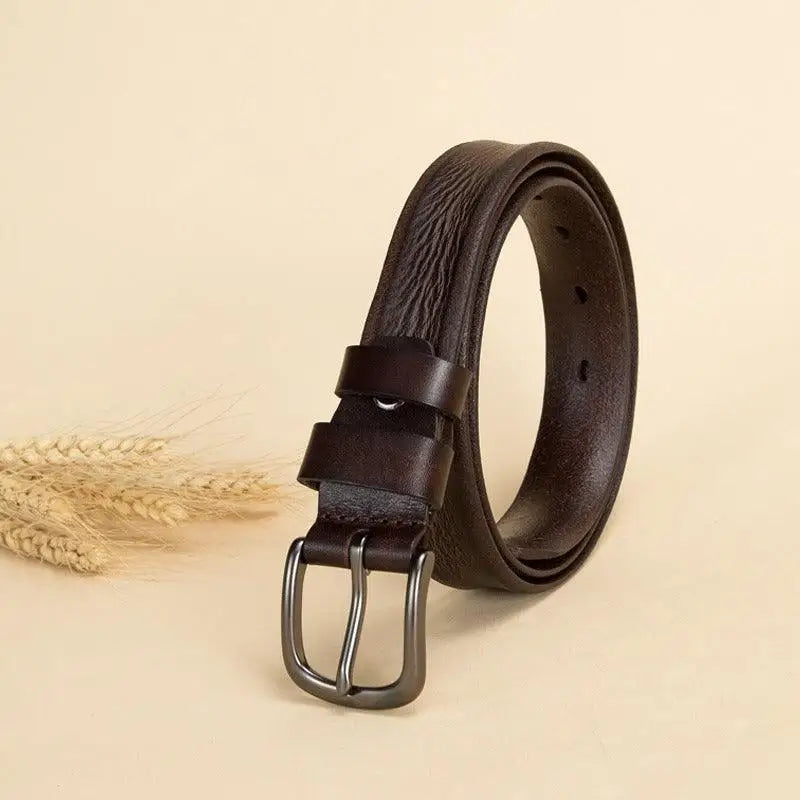 Brown leather belt with metal buckle for Anaa Model showcased in assorted leather belts collection