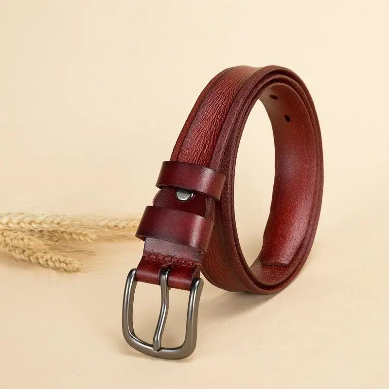 Burgundy leather belt with metal buckle for Anaa Model product showcasing durable design