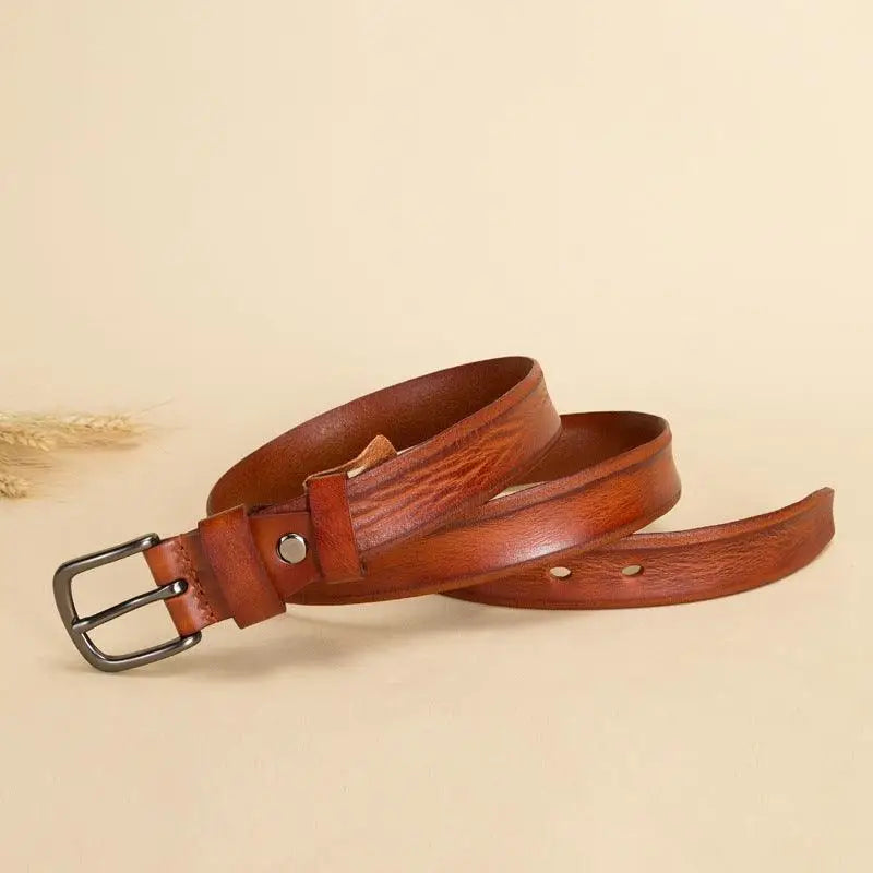 Brown leather belt with metal buckle for Anaa Model product display