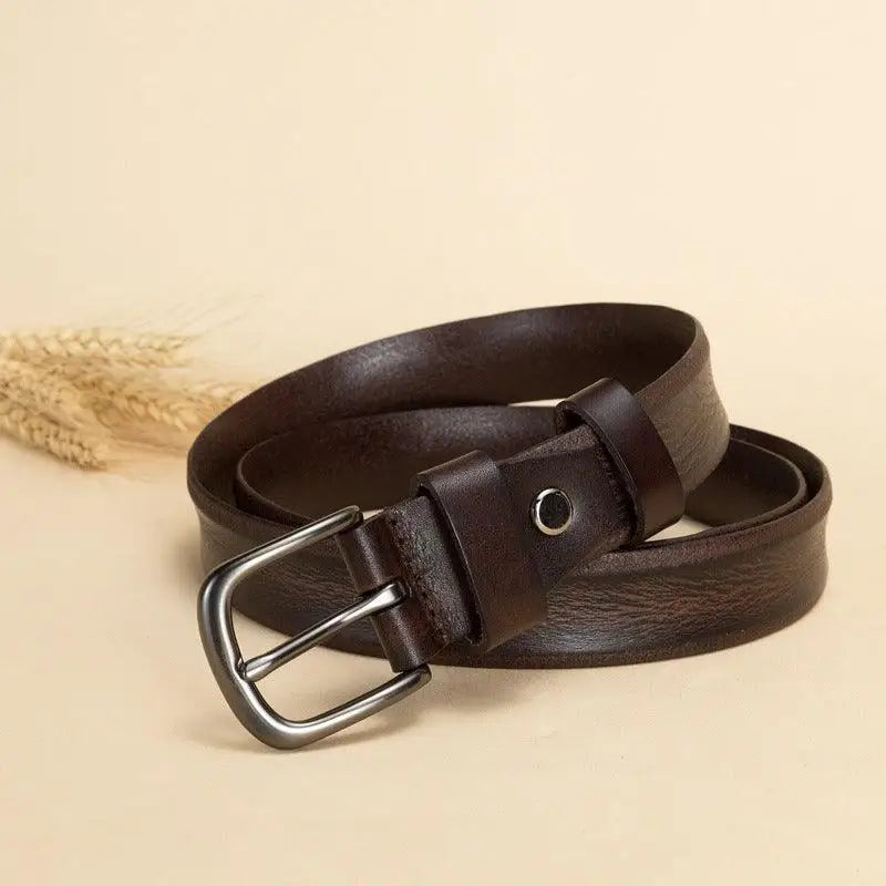 Brown leather belt with metal buckle for Anaa Model product showcasing premium leather styling