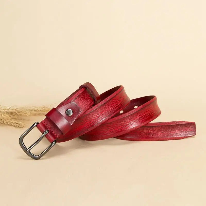 Red leather belt with metal buckle for Anaa Model, stylish leather belt accessory