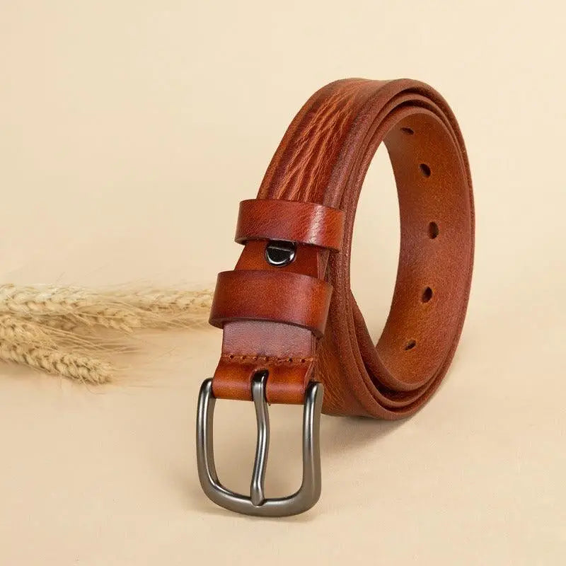Brown leather belt with metal buckle for Anaa Model product display