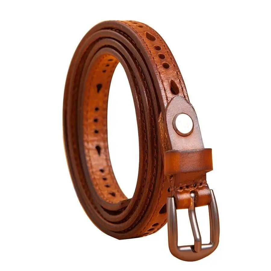 Anei Leather Belt with Metal Buckle and Knot Design featuring a brown leather belt with silver buckle