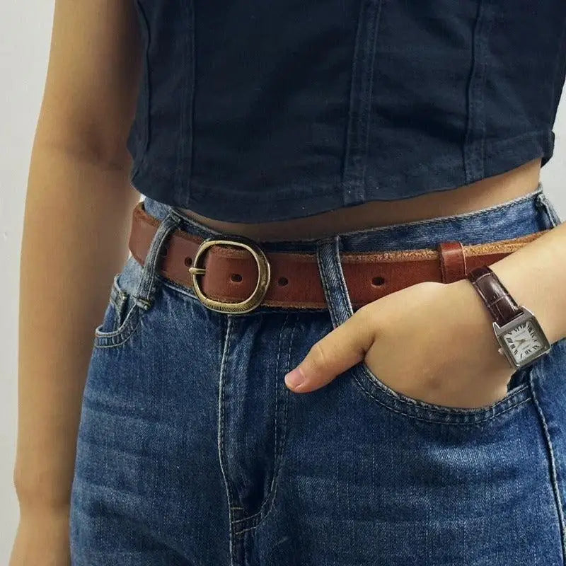 Anjali Leather Belt with Oval Gold Buckle in Brown Leather for Elegant Style
