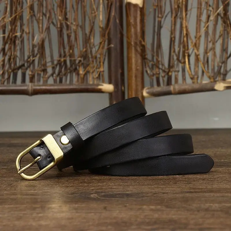 Set of four full-grain leather belts with gold buckles, including a black leather belt
