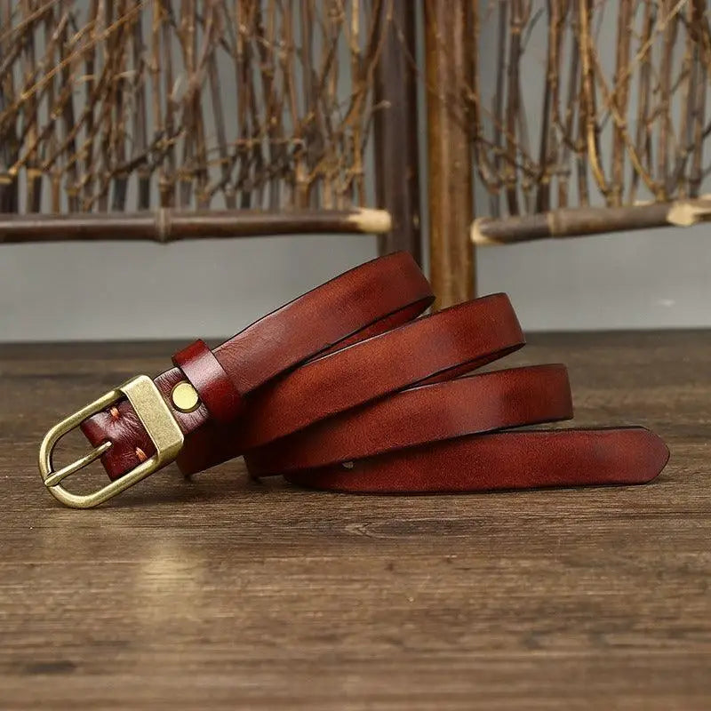 Full-grain leather burgundy belt with brass buckle from set of four luxury belts