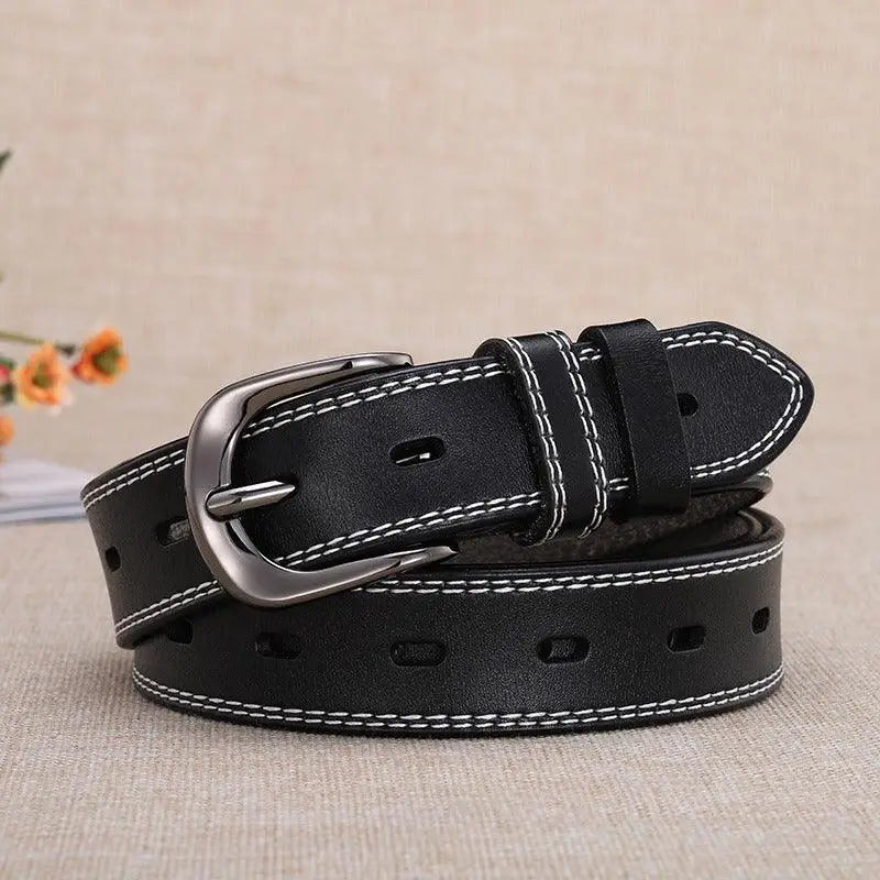 Black leather belt with white stitching and silver buckle from Leather Belts with Silver Buckle and Multiple Hole Design