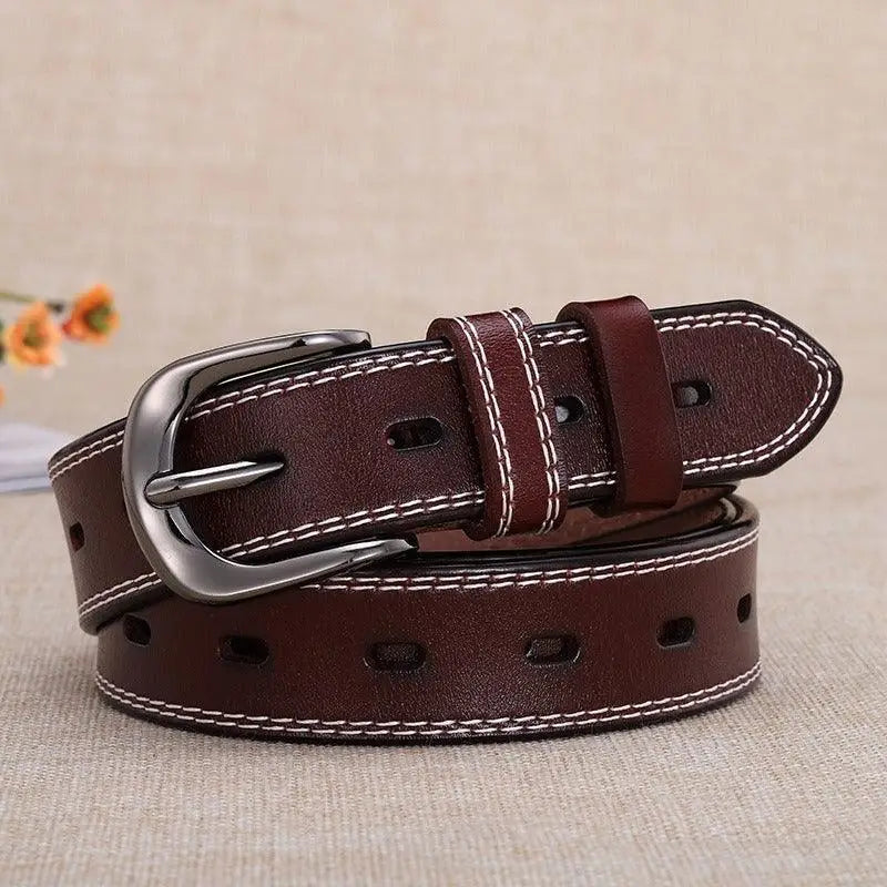 Brown leather belt with white stitching and silver buckle from Leather Belts with Multiple Hole Design