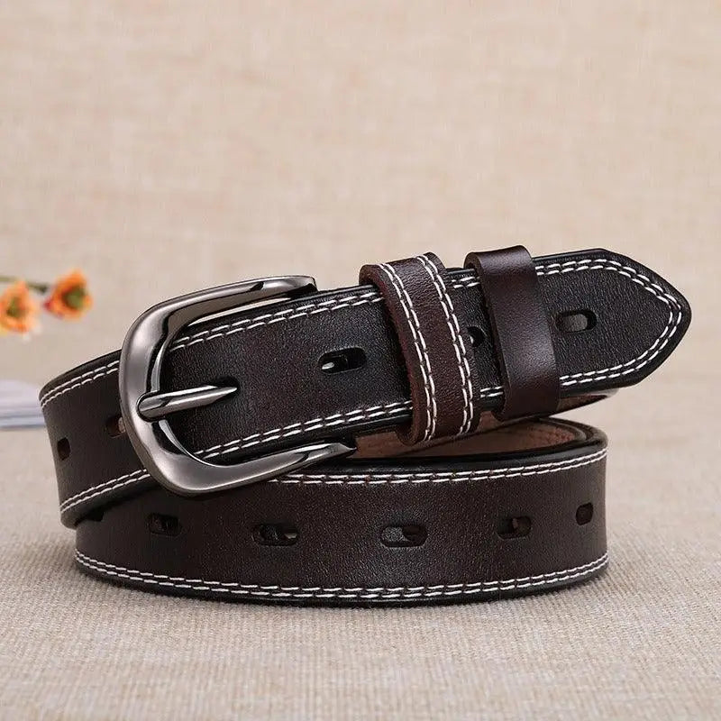 Brown leather belt with white stitching featuring a silver buckle and multiple holes