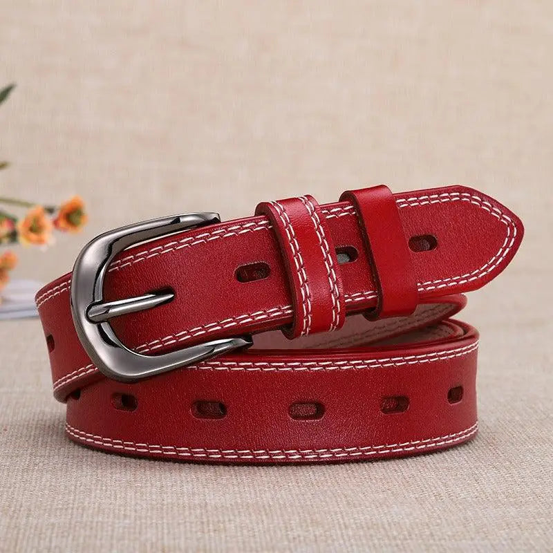 Red leather belt with silver buckle from Leather Belts with Silver Buckle and Multiple Hole Design