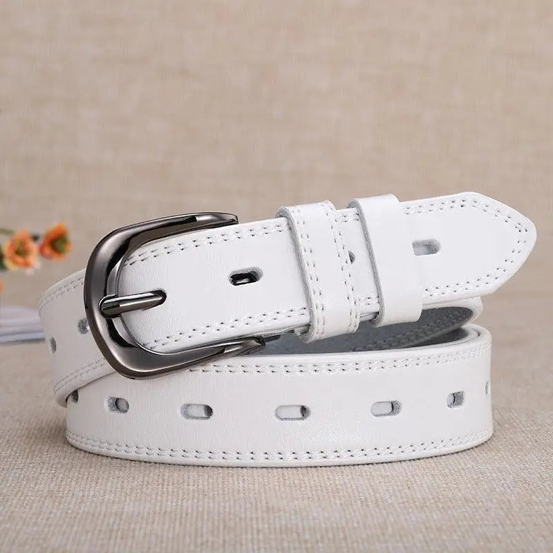 White leather belt with a metal buckle featured in Leather Belts with Silver Buckle and Multiple Hole Design