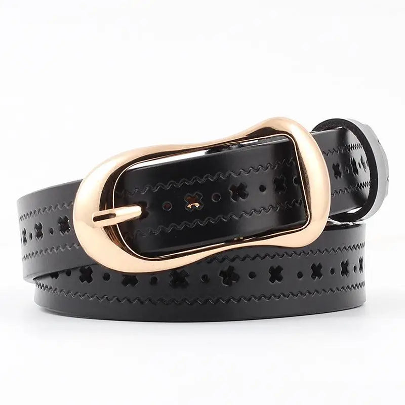 Black leather belt with a gold buckle from Leather Belts in Various Colors with Elegant Buckle Designs