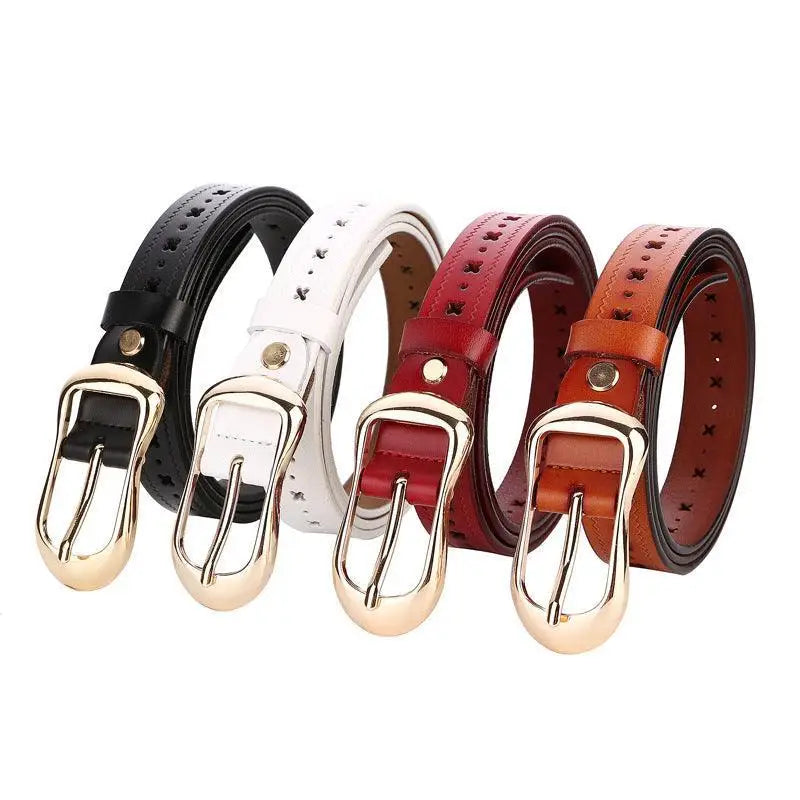 Four colorful leather belts with elegant buckle designs displayed for fashion accessories