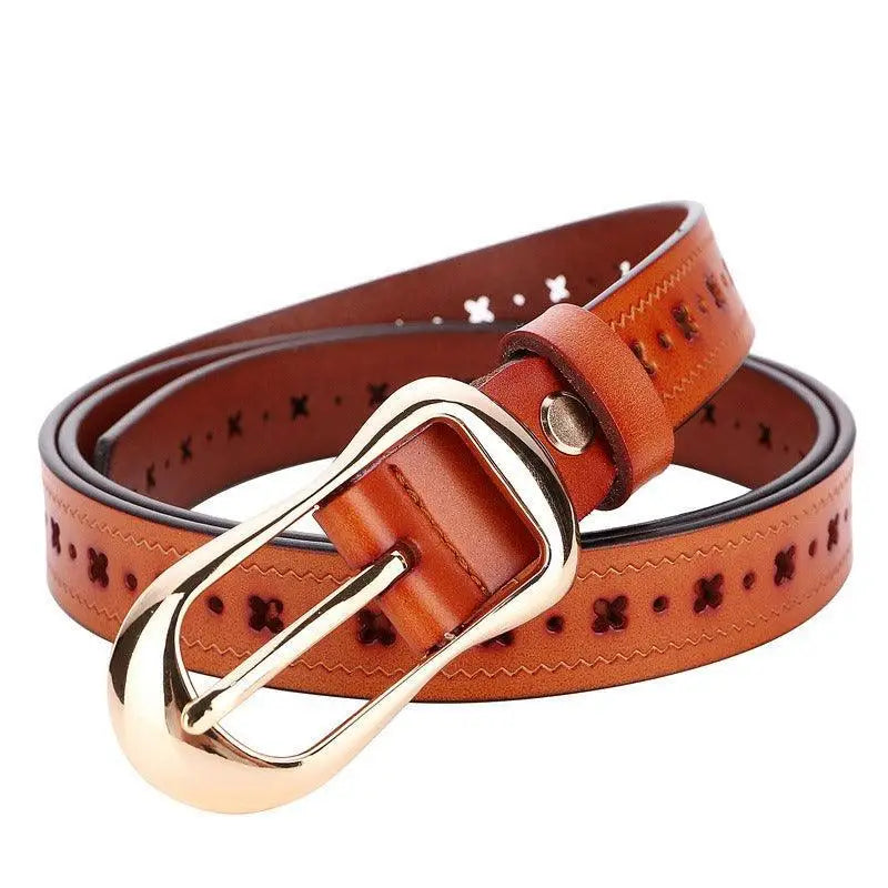 Brown leather belt with a gold buckle from Leather Belts in Various Colors with Elegant Buckle Designs