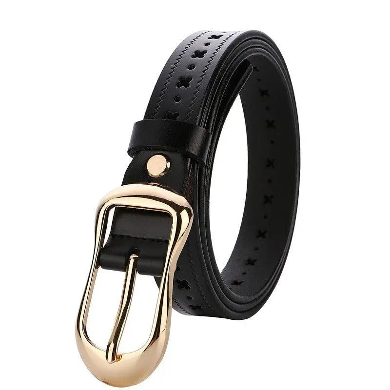 Black leather belt with a gold buckle from Leather Belts in Various Colors with Elegant Buckle Designs