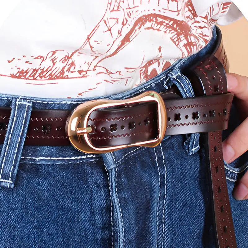 Brown leather belt with a gold buckle from Leather Belts in Various Colors with Elegant Buckle Designs