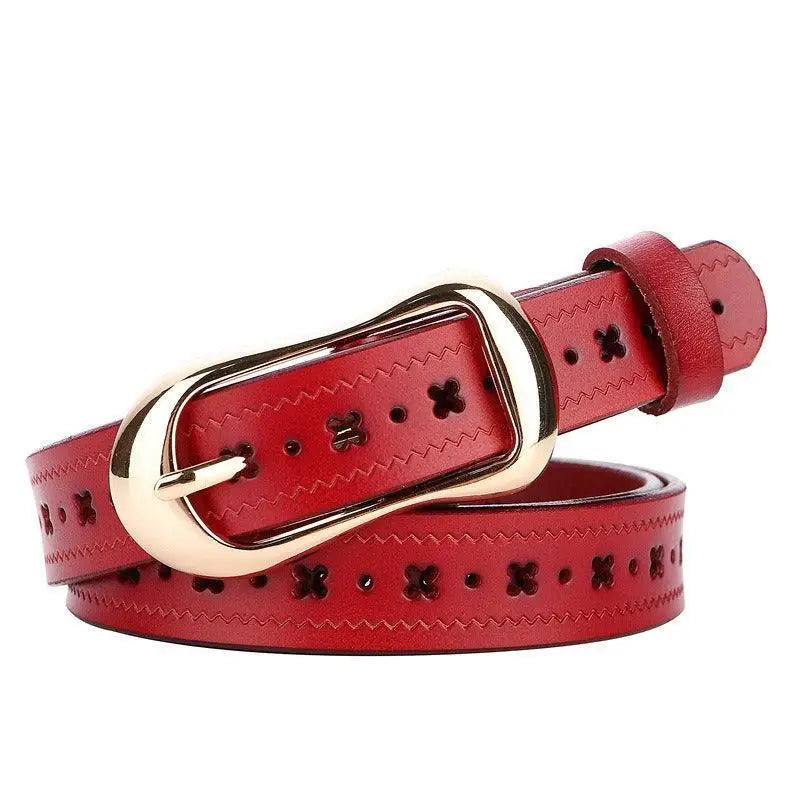 Red leather belt with a gold buckle from Leather Belts in Various Colors with Elegant Buckle Designs