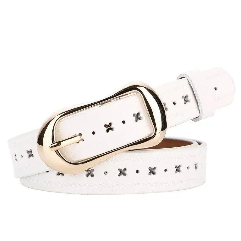 White leather belt with a gold buckle from Leather Belts in Various Colors with Elegant Buckle Designs