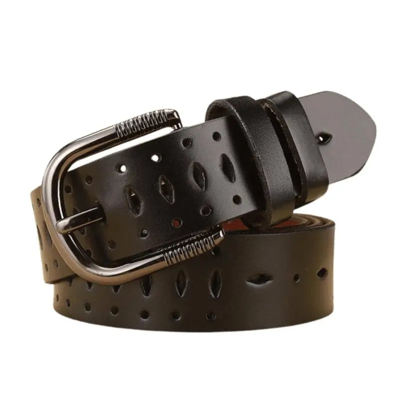 Genuine Leather Atila Belt with Decorative Perforations and Silver Buckle for Men