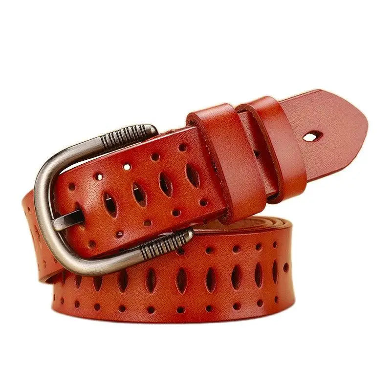Genuine Leather Atila Belt with decorative perforations and silver buckle