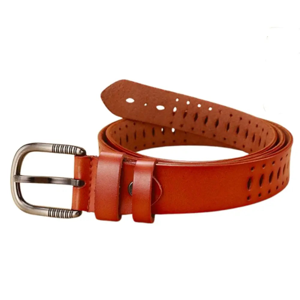 Genuine Leather Atila Belt with decorative perforations and silver buckle for stylish wear