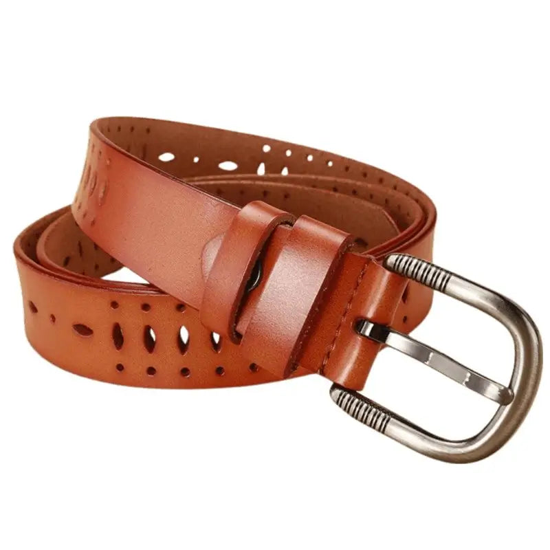 Genuine Leather Atila Belt with Decorative Perforations and Silver Buckle for Men