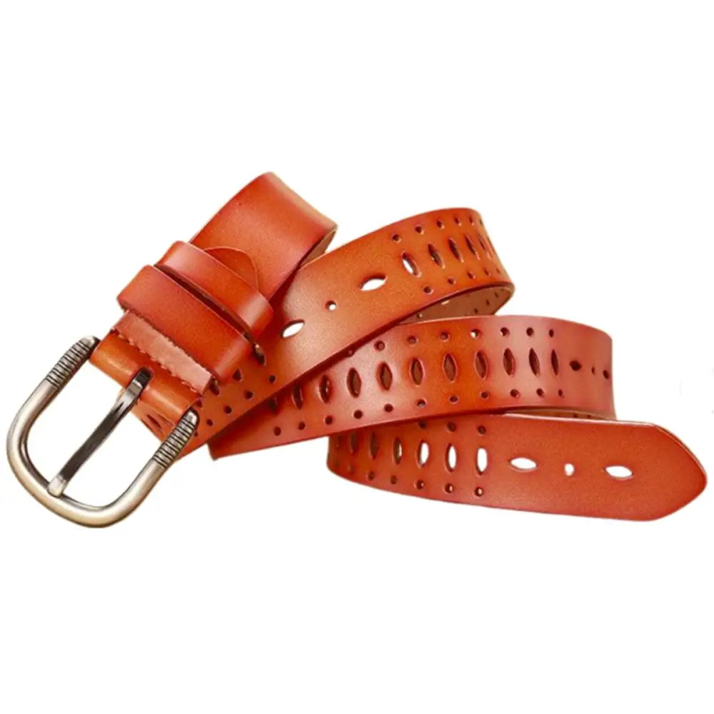 Orange genuine leather Atila Belt with oval cutouts and silver buckle design