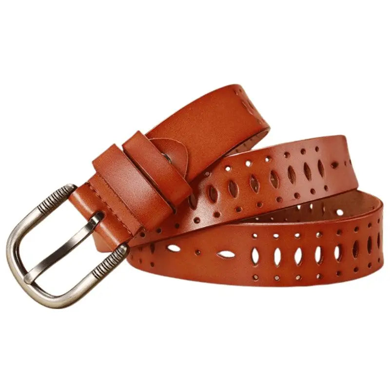Genuine Leather Atila Belt with decorative perforations and silver buckle