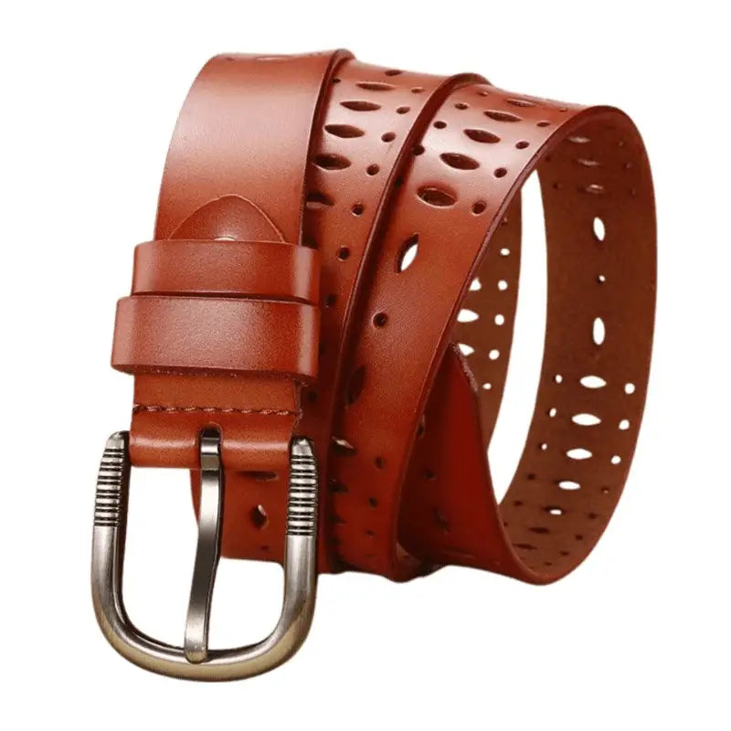 Genuine leather Atila belt with decorative perforations and silver buckle