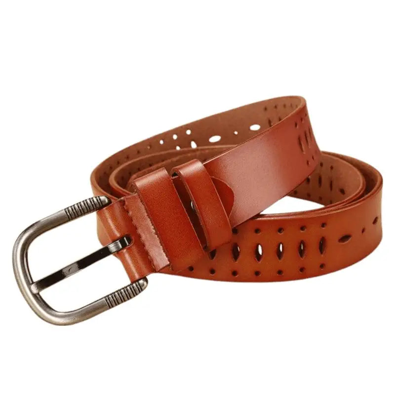 Genuine Leather Atila Belt with Decorative Perforations and Silver Buckle