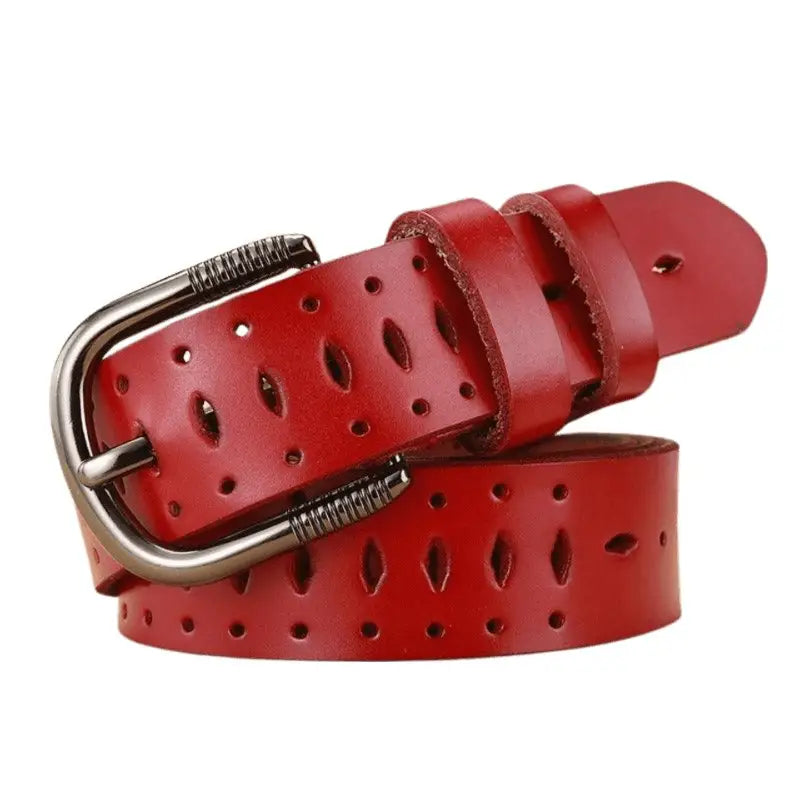 Red genuine leather Atila Belt with decorative perforations and silver buckle