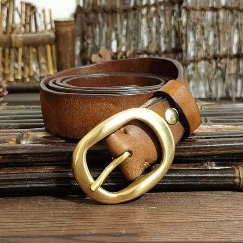 Leather belt with brass buckle for classic style in brown leather product image