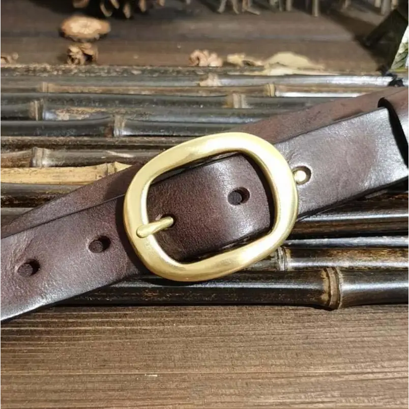 Brown leather belt with brass buckle for classic style product image