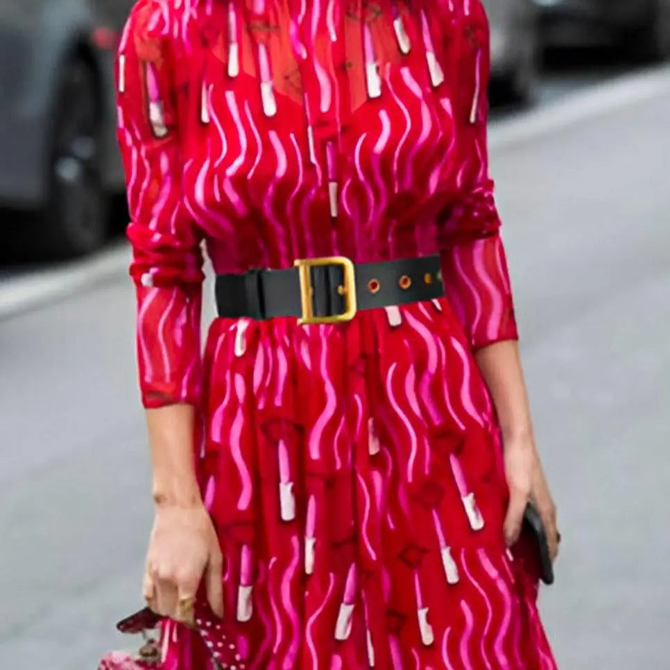 Red lipstick-patterned dress with black belt displayed under Black Trench Coat with Leather Belt and Gold Buckle