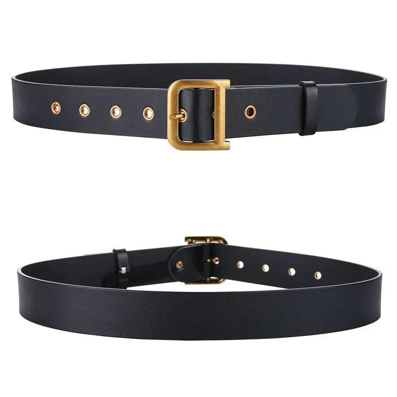 Black leather belt with a gold buckle complements the Black Trench Coat with Leather Belt and Gold Buckle
