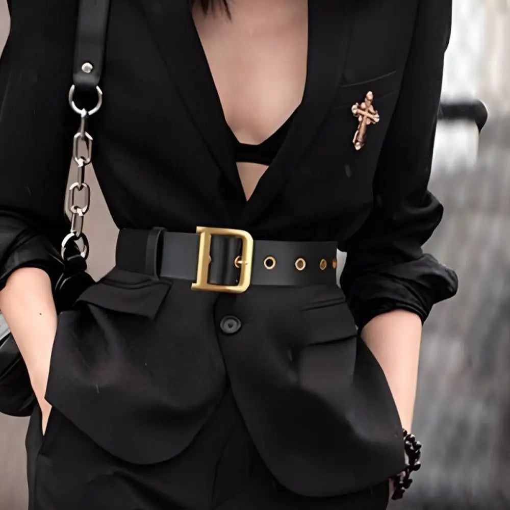 Black leather belt with gold buckle displayed with Black Trench Coat with Leather Belt and Gold Buckle