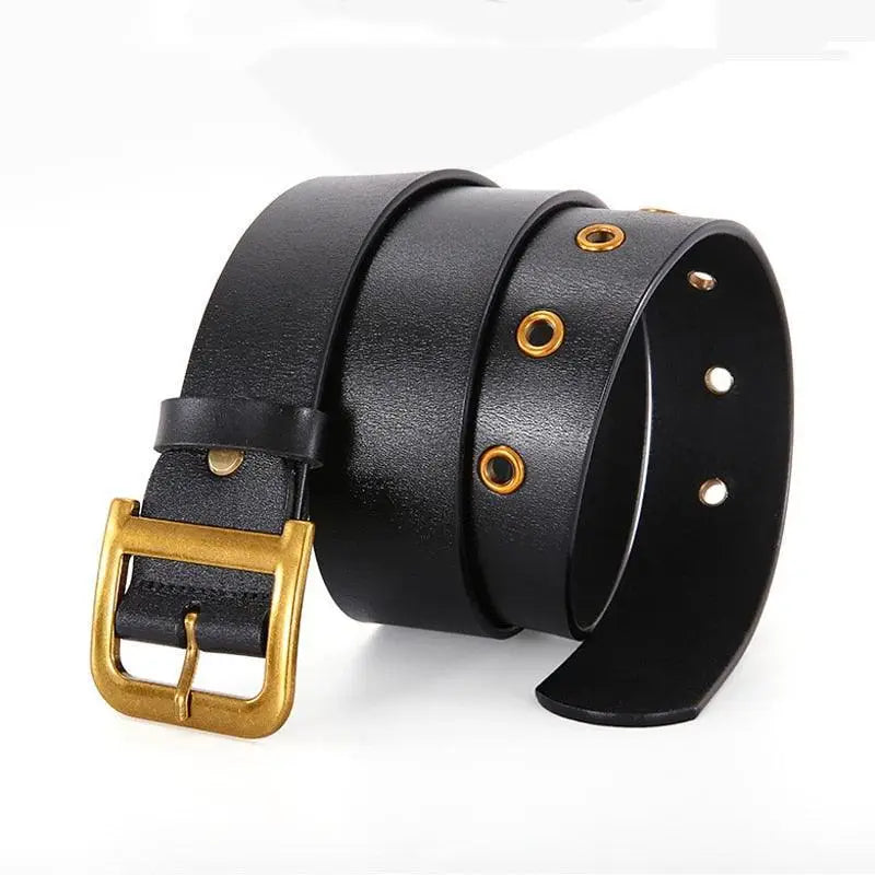 Black leather belt with gold buckle and eyelets as part of Black Trench Coat ensemble