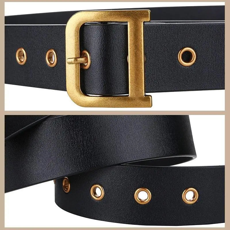 Black leather belt with gold D-shaped buckle paired with a black trench coat