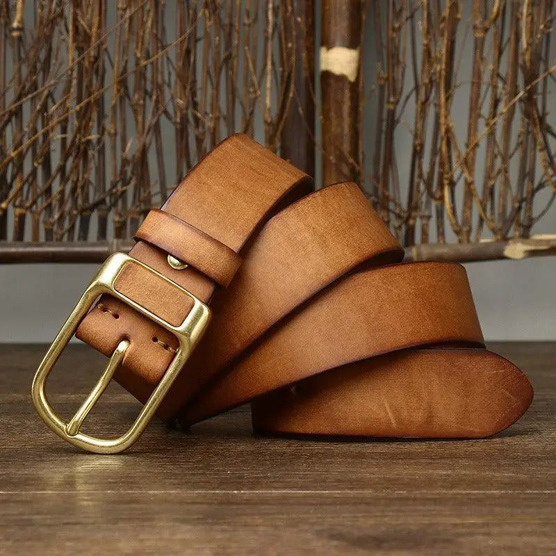 Brown leather belt with brass buckle from Leather Belts with Brass and Gold Buckles for Men
