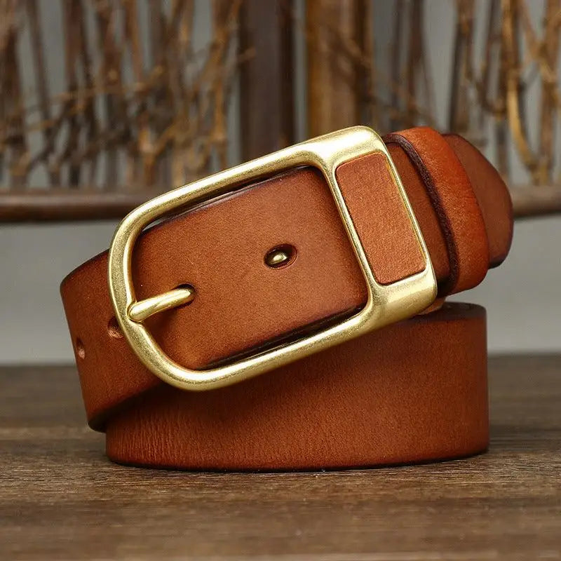 Brown leather belt with gold buckle featured in Leather Belts with Brass and Gold Buckles for Men