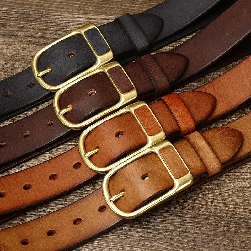Leather belt with brass and gold buckles for men, durable and stylish accessory