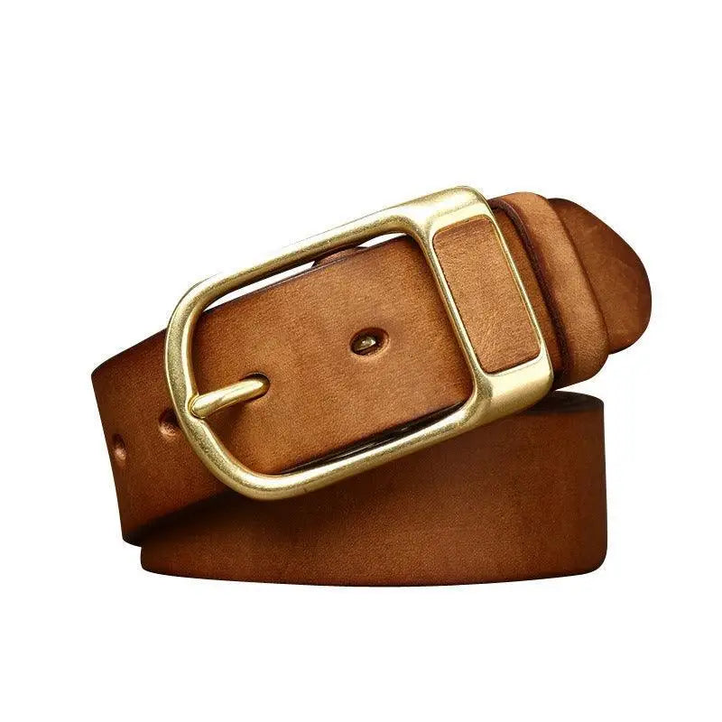 Leather belt with gold buckle, ideal for men seeking stylish leather belts with brass accents