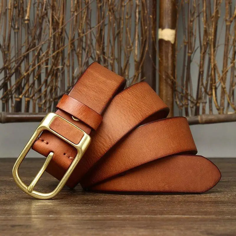 Brown leather belt with brass buckle for men from Leather Belts with Brass and Gold Buckles collection