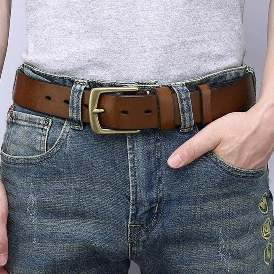 Brown leather belt with brass buckle from Caesia Leather Belt for Men