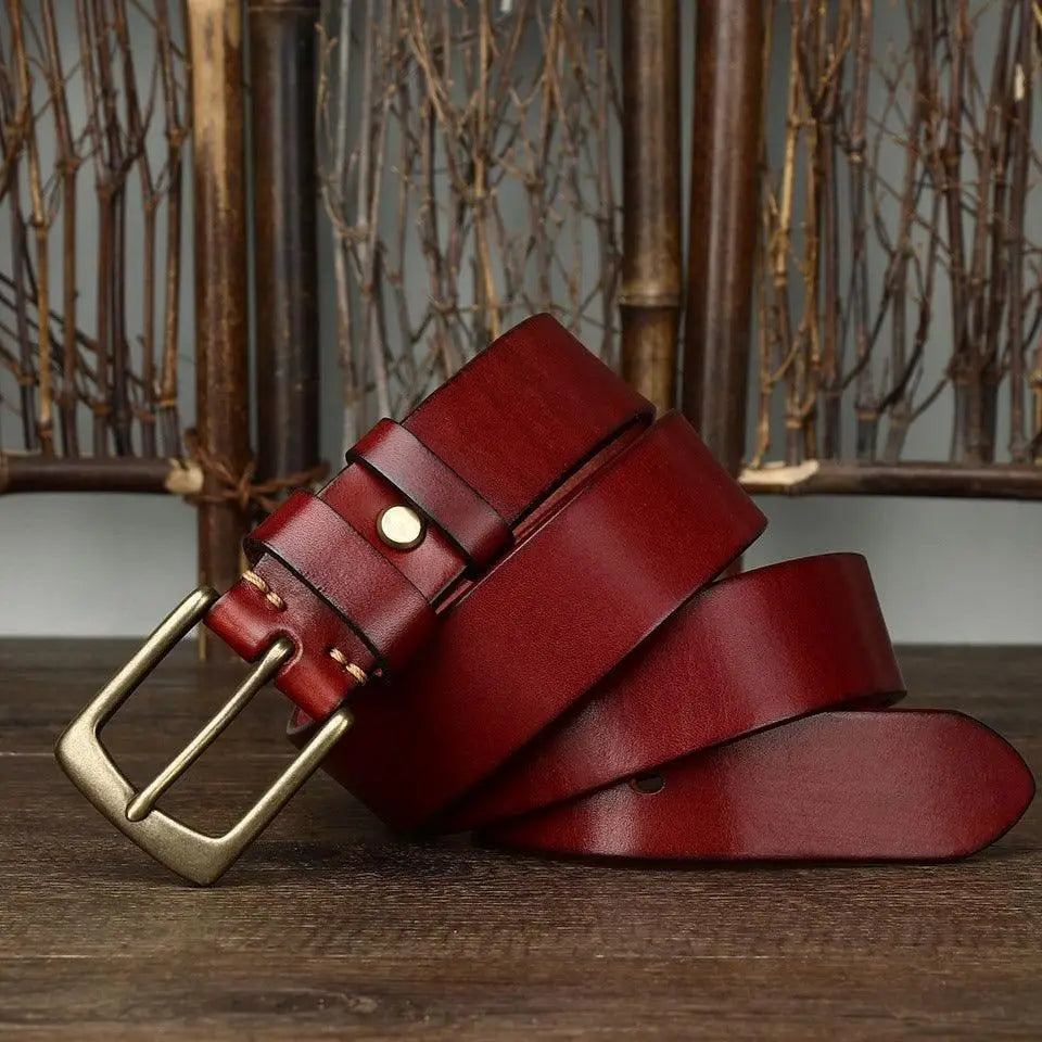 Burgundy leather belt with brass buckle from Caesia Leather Belt for Men